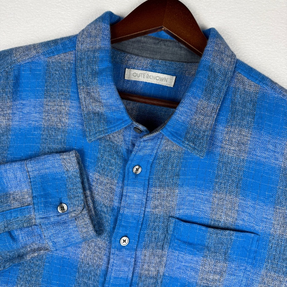 Outerknown Jaspe Shirt Mens Large Blue Grey Plaid Organic Cotton Button Up